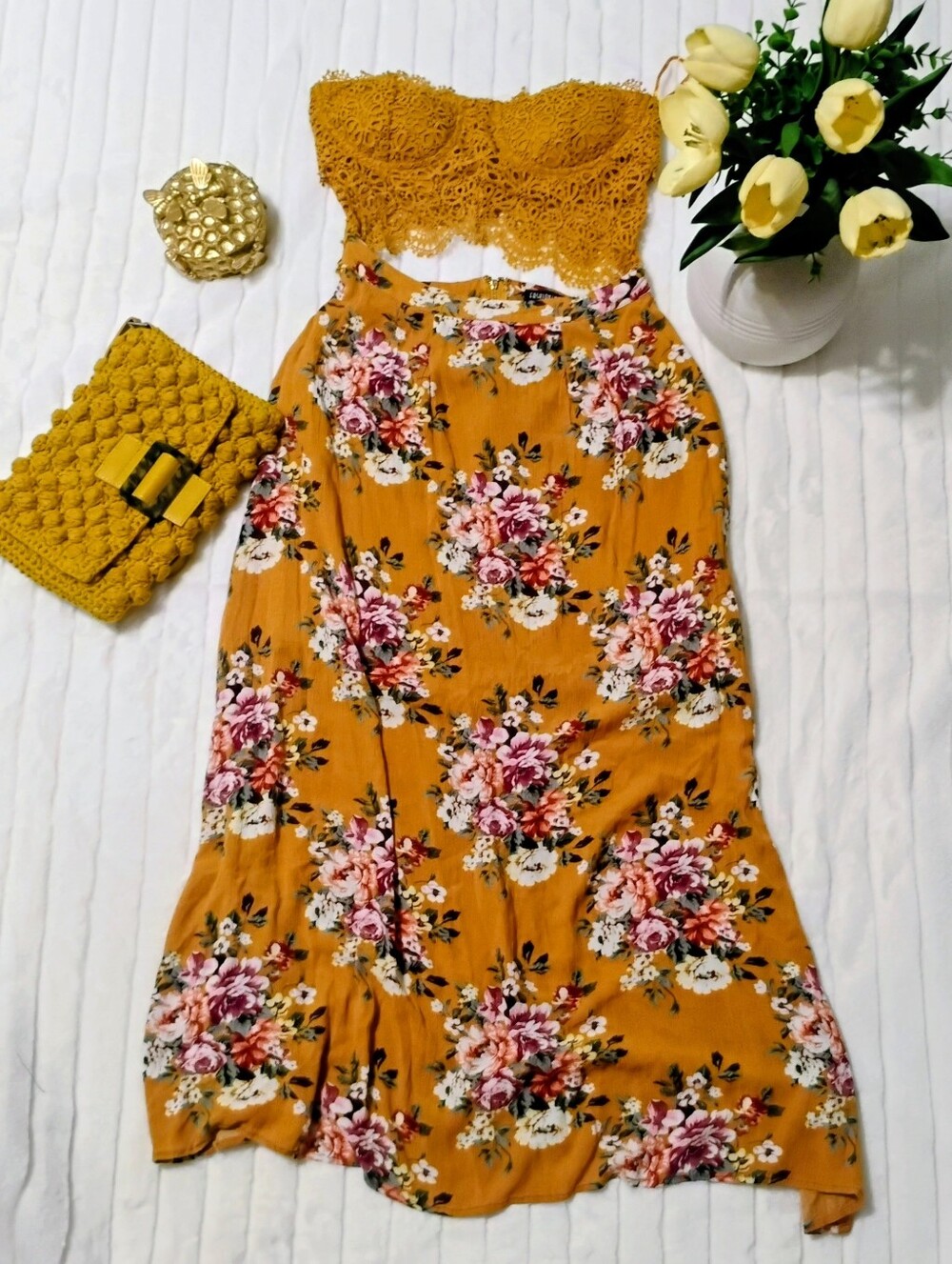Small- Fashion Nova Mustard Floral Women's Dress